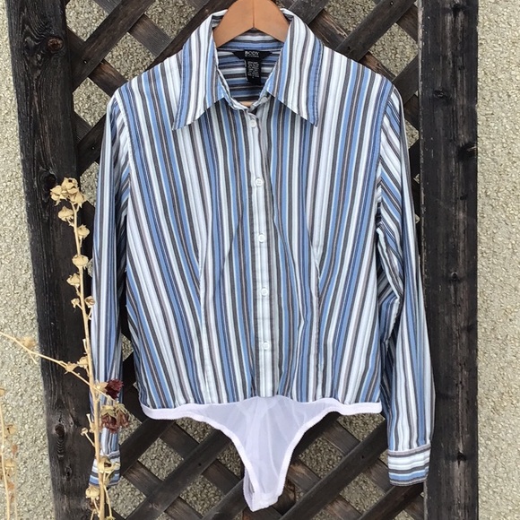 Victoria's Secret Tops - Body by Victoria Victoria’s Secret white and blue striped button down body suit